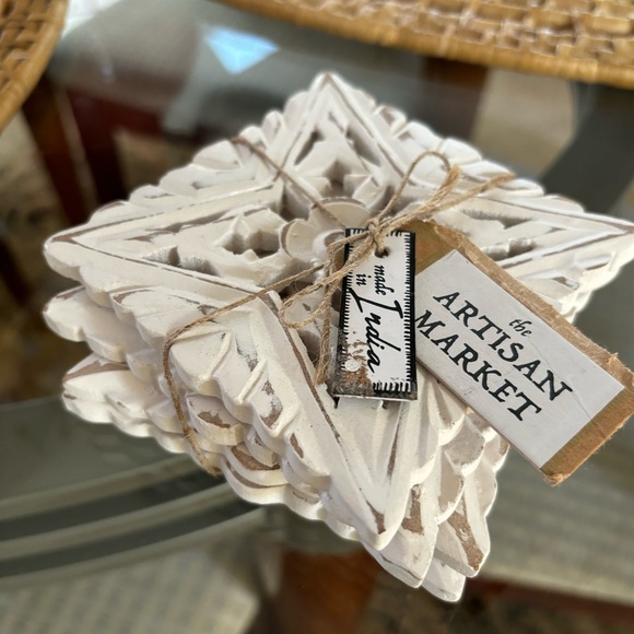 The Artisan Market Set of 4 Carved Wood Coasters Ivory - Picture 2 of 6